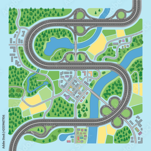 A top down view of a complex highway system and town