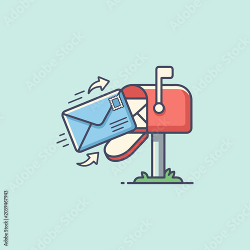 A red mailbox receiving a blue envelope in a flat illustration