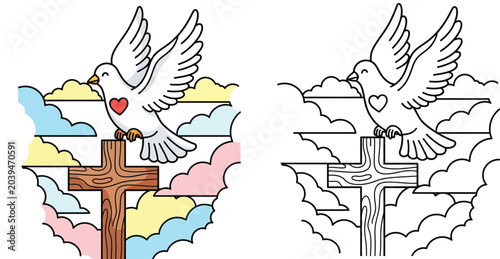 Canvas Print Christian cross with white dove and heart in colorful sky vector set, religious peace and faith illustration in color and line art