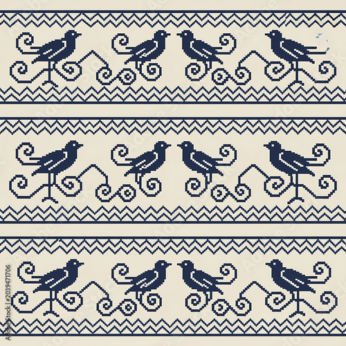 Seamless Japanese-inspired Indigo Folk Border Repeat Pattern
