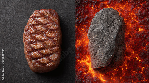 Explore the Intriguing Contrast of Grilled Steak and Volcanic Rock: A Culinary Adventure Combining Nature's Elements and Delicious Flavors