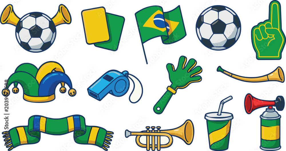 Naklejka premium Brazil soccer icons, football symbols, sports graphics, vector set