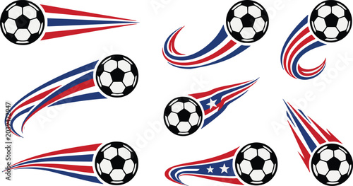 Fotografie Soccer ball icons, red white blue sports graphics, football symbols, vector set