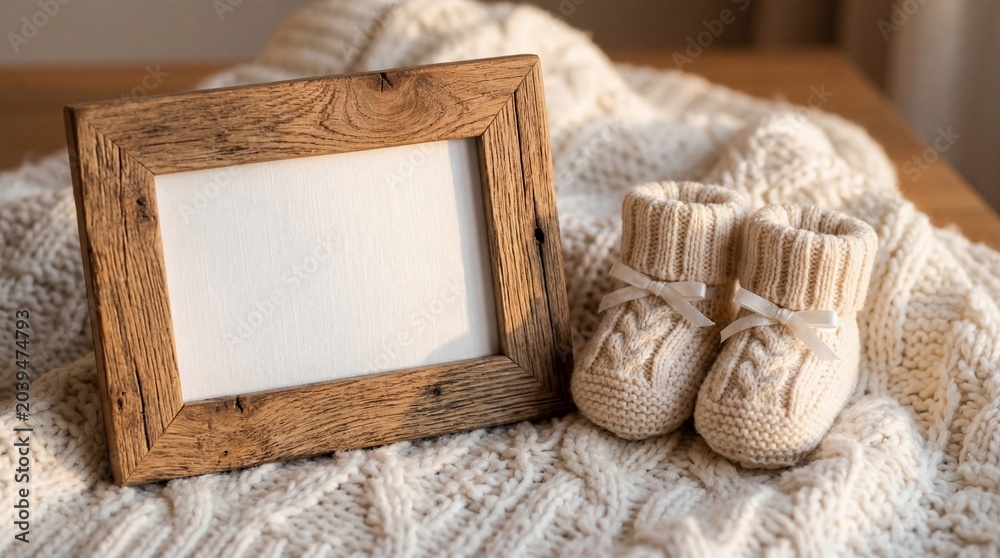 Fototapeta premium Wooden photo frame with knitted baby booties for a gender neutral reveal