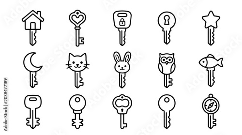 Various line art keys with symbolic shapes