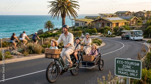 Family riding cargo bike in coastal eco tourism zone at sunset.
