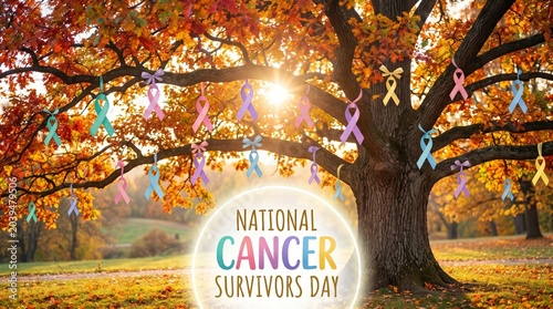 National Cancer Survivors Day Concept Illustration of a Tree with Colorful Awareness Ribbons and Red Autumn Leaves