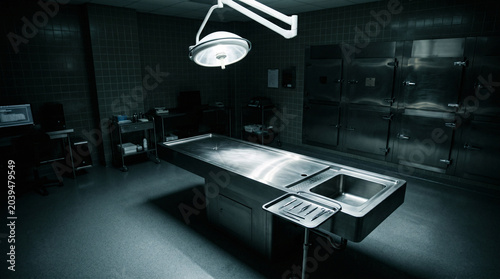 A stainless steel autopsy table features a built-in sink and a surgical tray under bright overhead lighting in this cold sterile medical forensic investigation room setting.