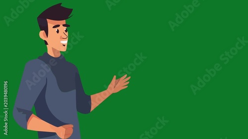 Businessman stands against a solid green backdrop while gesturing with his open hand to indicate a specific area for text placement within this professional corporate communication graphic.