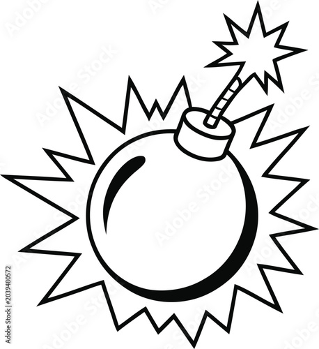 Принти на полотні Cartoon line art illustration of a round ticking bomb with a lit fuse ready to explode explosive detonator monochrome