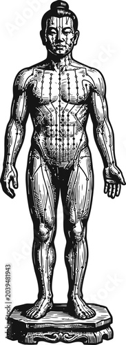 Black and white diagram of a human body displaying acupuncture meridians and pressure points, representing traditional medicine and holistic health concepts.