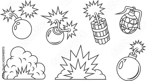 Photos Exploding bomb and dynamite set with smoke clouds and blasts explosion dynamite explosive detonation illustration