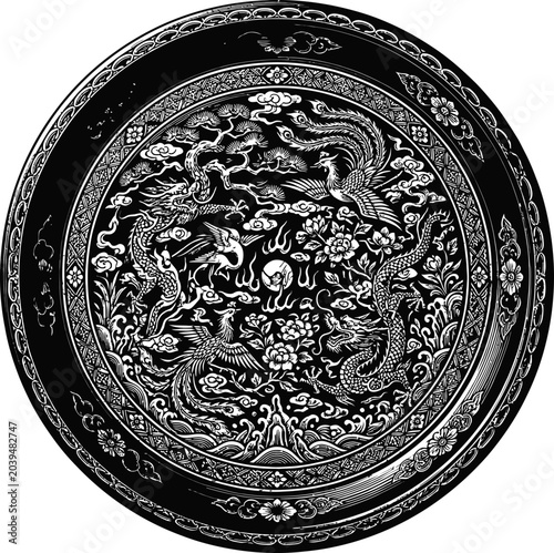 Intricate circular pattern from an ancient cultural bronze mirror, featuring mythical creatures, clouds, and celestial motifs within a detailed border. A symbol of cultural heritage.