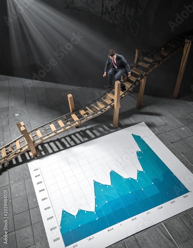 The Rollercoaster of Finance: A businessman navigates a precarious wooden ramp, symbolizing the volatile journey of financial markets, with a fluctuating stock chart laid out before him.