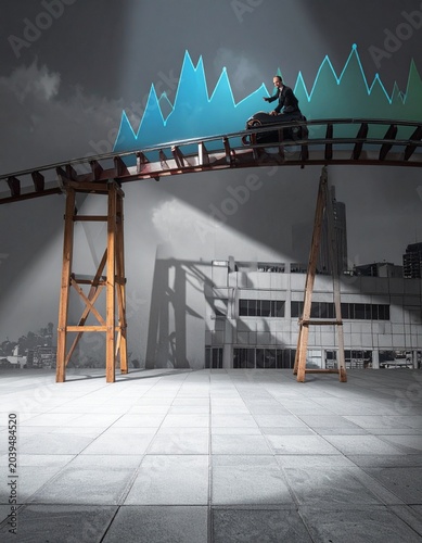 Financial Rollercoaster Ride: A businesswoman navigates a precarious rollercoaster track superimposed with a volatile stock market graph.