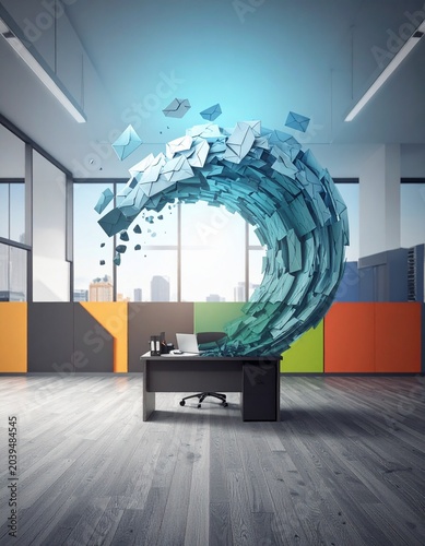 Surge of Digital Information: A dynamic wave of digital data, represented by a fluid arch of digital files, crests over a modern office desk.