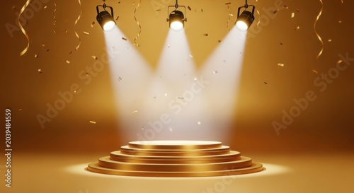 Golden stage podium illuminated by spotlights with falling confetti