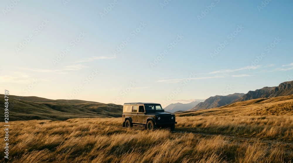 Fototapeta premium Off-road Vehicle Driving Through Golden Grassland Towards Distant Mountains