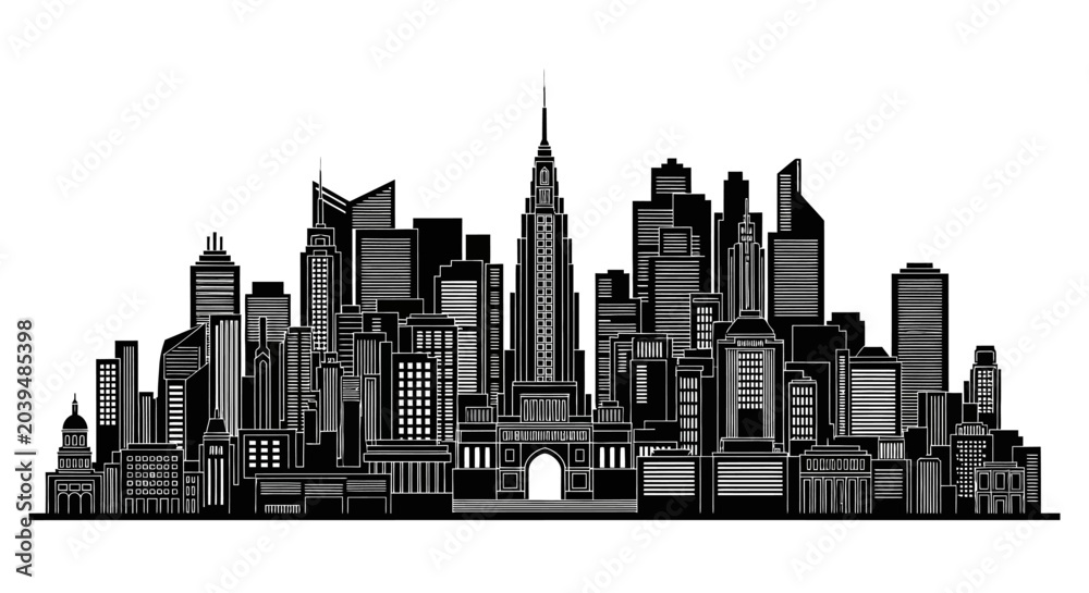 Obraz premium Black and white city skyline silhouette with modern skyscrapers