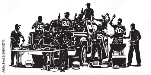 Enthusiastic sports fans wearing jerseys hosting tailgate cookout with food and beverages around vehicle silhouette art.