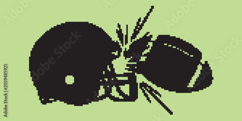 Foto American football helmet and ball colliding, pixelated graphic style on light green background