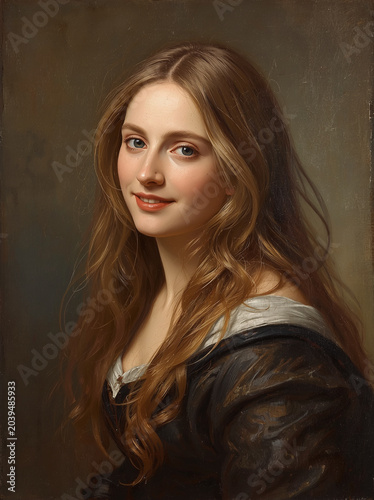 The image features a young woman with long, wavy, light brown hair that cascades over her shoulders. She has a gentle smile and clear, bright eyes, giving her a warm and approachable appearance
