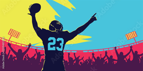 Football player celebrating victory with arms raised, stadium crowd and stadium lights background.