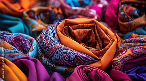 A photo of brightly patterned scarves neatly arranged