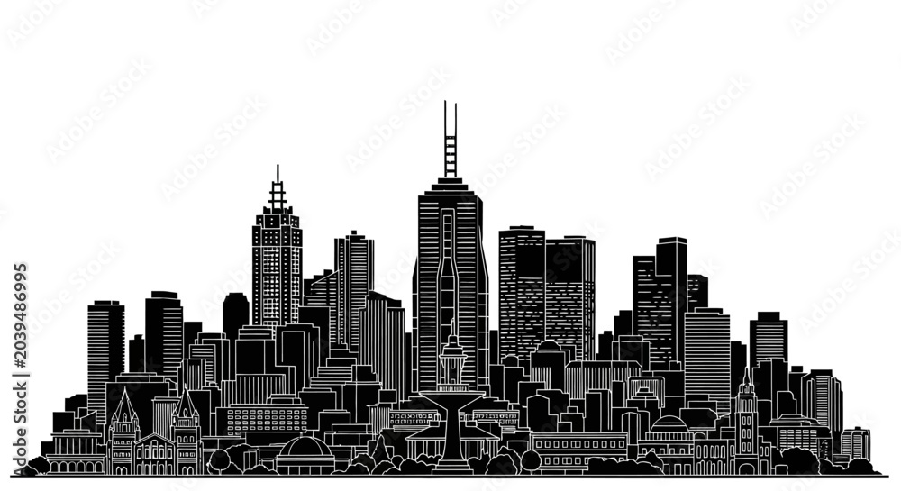 Naklejka premium Melbourne City Skyline Silhouette, Modern Urban Architecture Vector