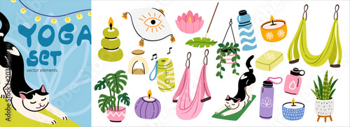 Photography Vector illustration set of yoga and meditation elements with cute cat