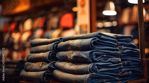 A photo of casual jeans stacked in a clothing