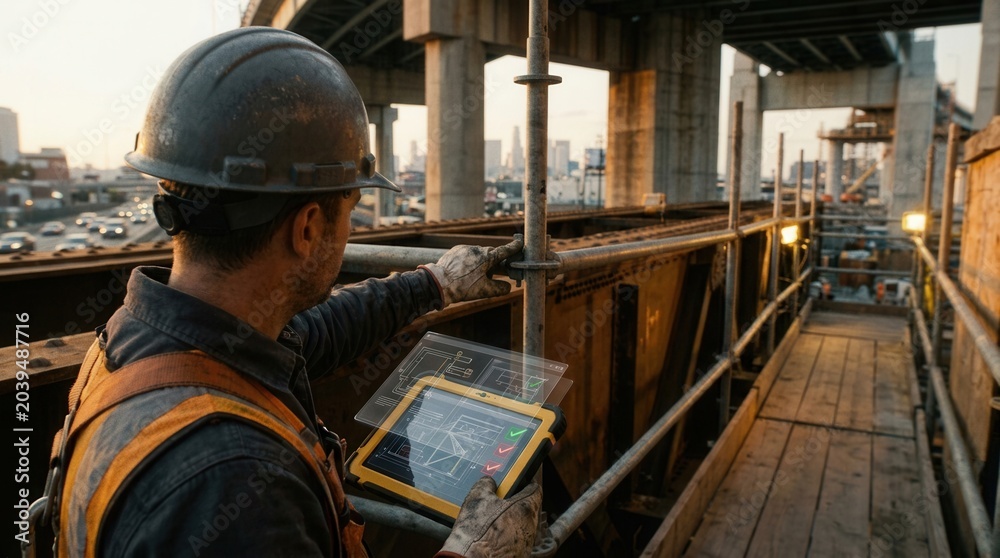 Fototapeta premium Engineer Inspects Project Plans on Tablet While Supervising Infrastructure Construction Site