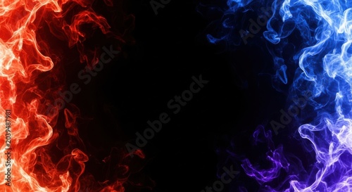 Vibrant contrasting flames of red orange and blue purple smoke abstract background