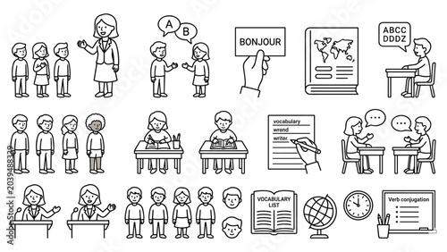 Photos students learning foreign language, teacher instructing pupils, children studying vocabulary