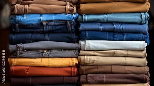 A photo of casual pants stacked on top of each other
