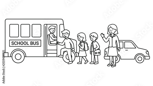Konstfotografi School bus arriving for students with children getting off and teacher waving