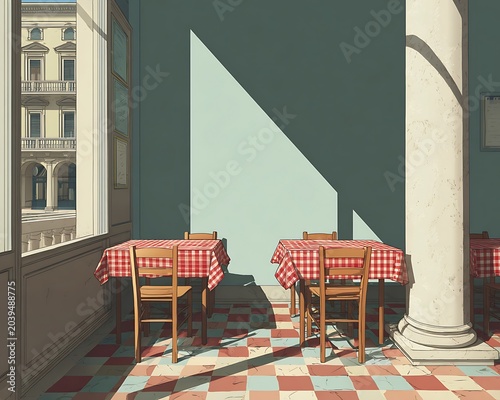 Sunlit Cafe Interior with Red Checkered Tables and Chairs.