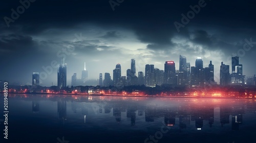 A photo of city lights twinkling in a foggy evening.