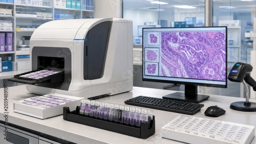 Laboratory setup with a digital slide scanner and a computer showing histology images in a clinical environment with organized samples and equipment