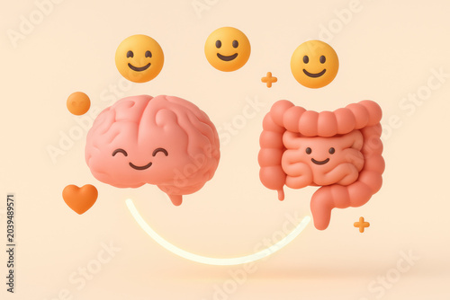 Cute smiling brain and intestine organ connected by glowing line with happy emoji icon on pastel background representing gut health and mental wellness connection