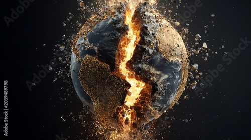 Earth Exploding with Fiery Crack and Debris Against Dark Background.