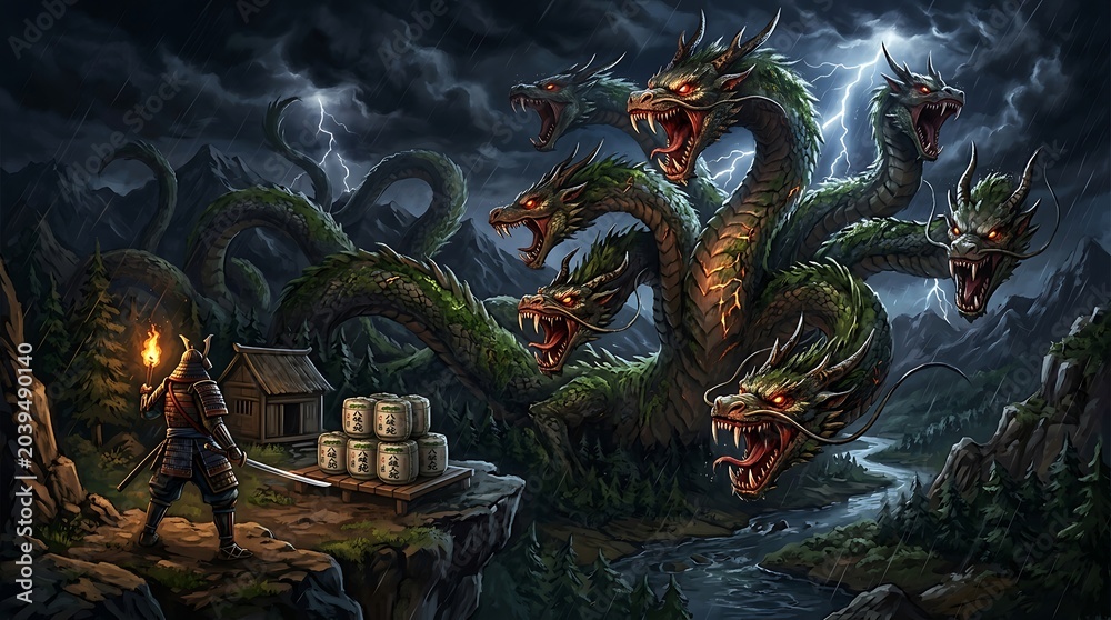 Fototapeta premium Japanese mythological legend of a seven-headed snake and a samurai