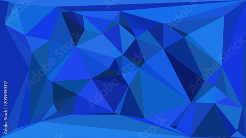 Abstract blue geometric background with triangular shapes and gradient shades of navy and royal blue.