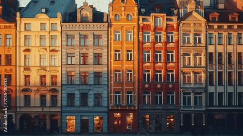 A photo of colorful urban facades in the evening light.