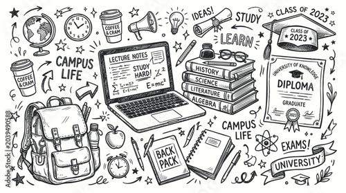 Obraz na płótnie Education and campus life themed line art doodles.