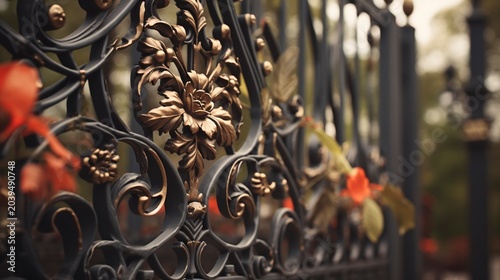 A photo of decorative ironwork on a garden gate