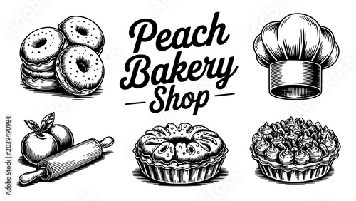 Peach bakery shop elements collection in vintage engraved style with illustration