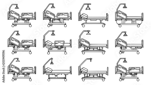 Line art collection of modern adjustable hospital beds for healthcare facilities
