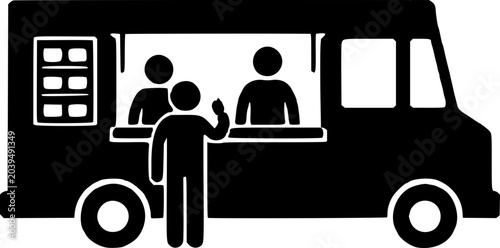 Tableau sur toile Black silhouette of a person ordering food from a food truck with two staff serving, modern street food culture concept