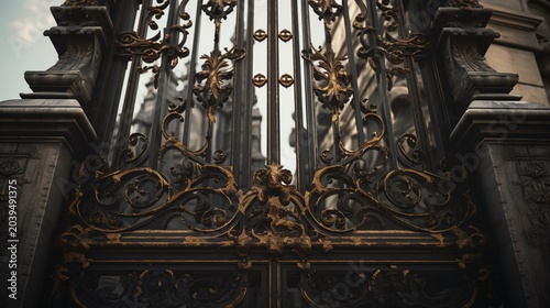 A photo of detailed iron gate with vintage design.